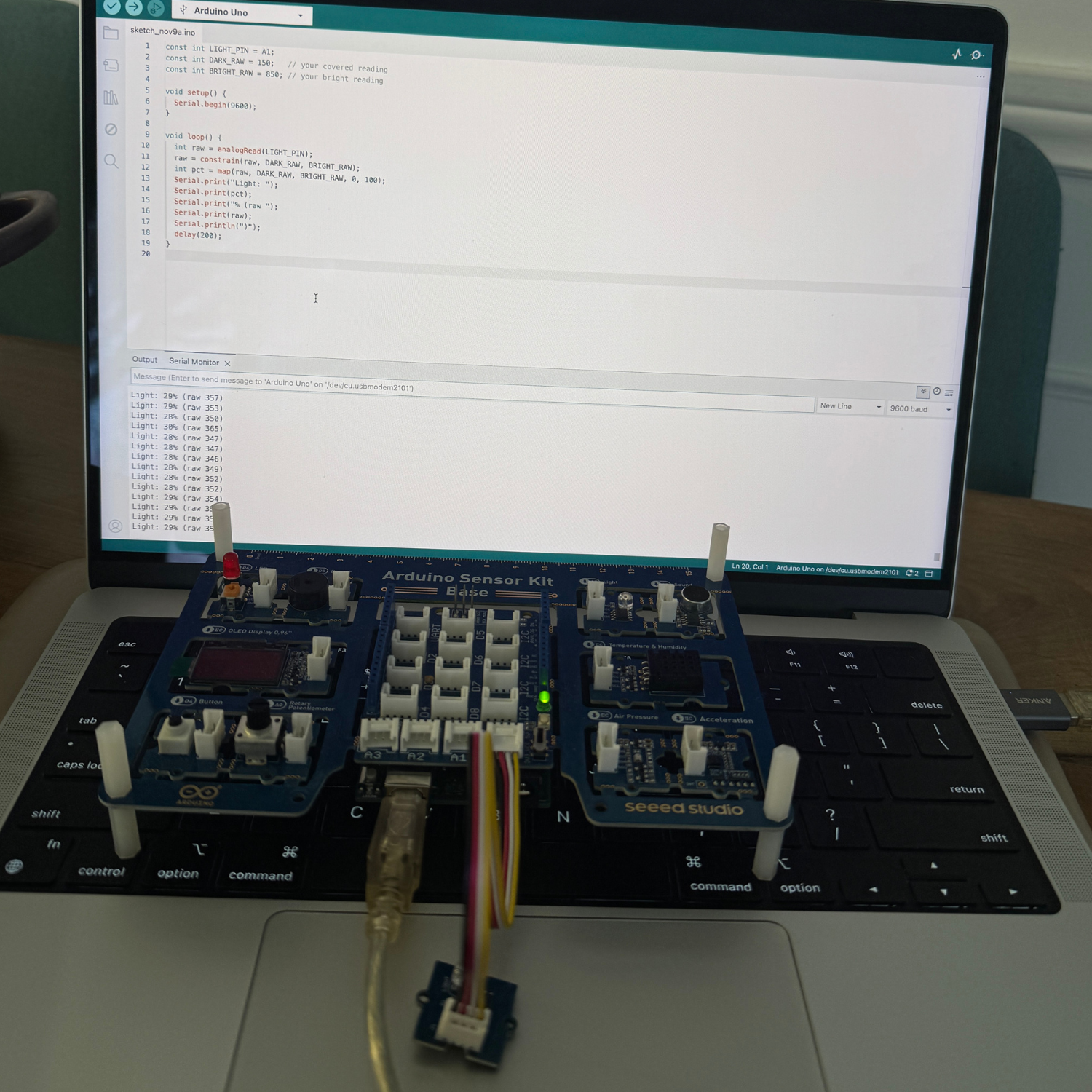 I started my research by plugging in the light sensor and testing its functionality on its own.