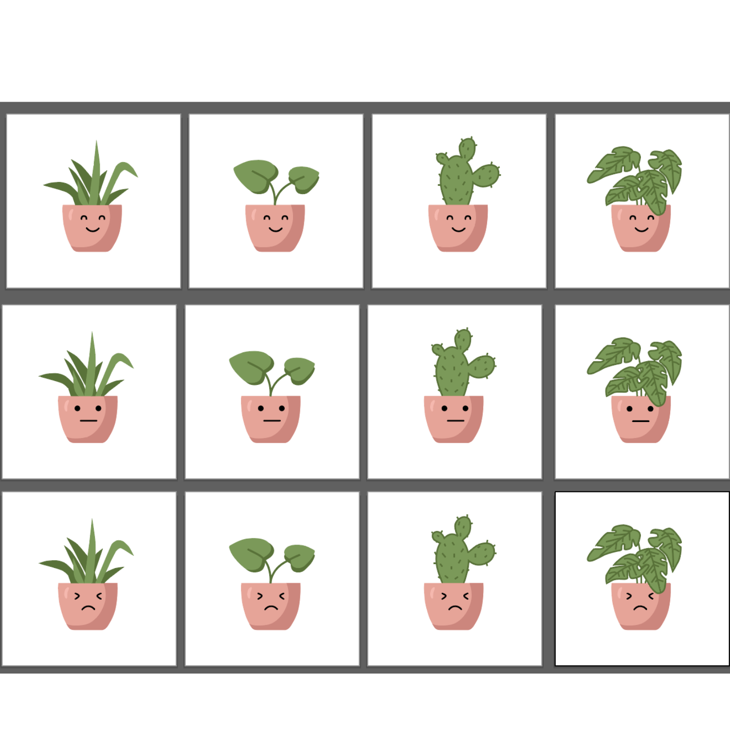 I started by creating a bunch of facial expressions for the plants I wanted in my prototype. For my test I just went with one plant type. 
